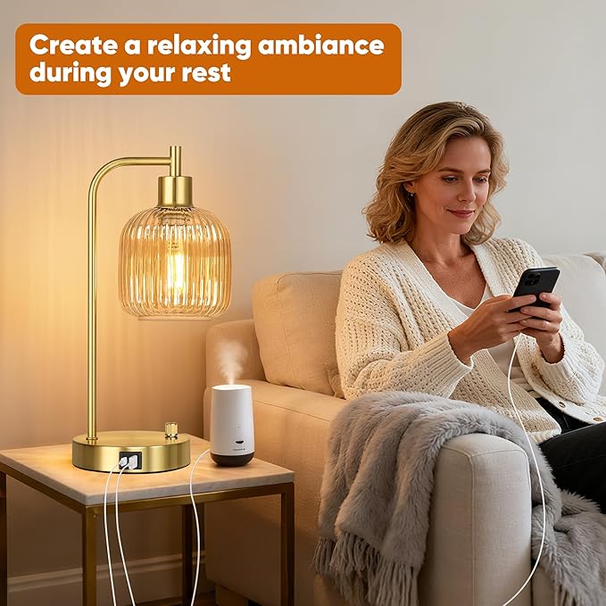 QiMH Industrial Table Lamp for Bedroom Set of 2, Champagne Glass Beside Lamp - Image 5