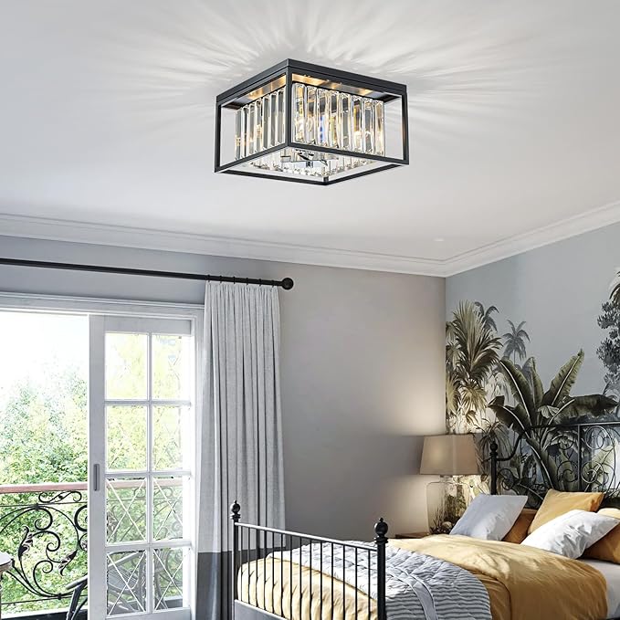4-Lights K9 Crystal Ceiling Light, Close to Ceiling, 2-Tier Square Flushmount - Image 7