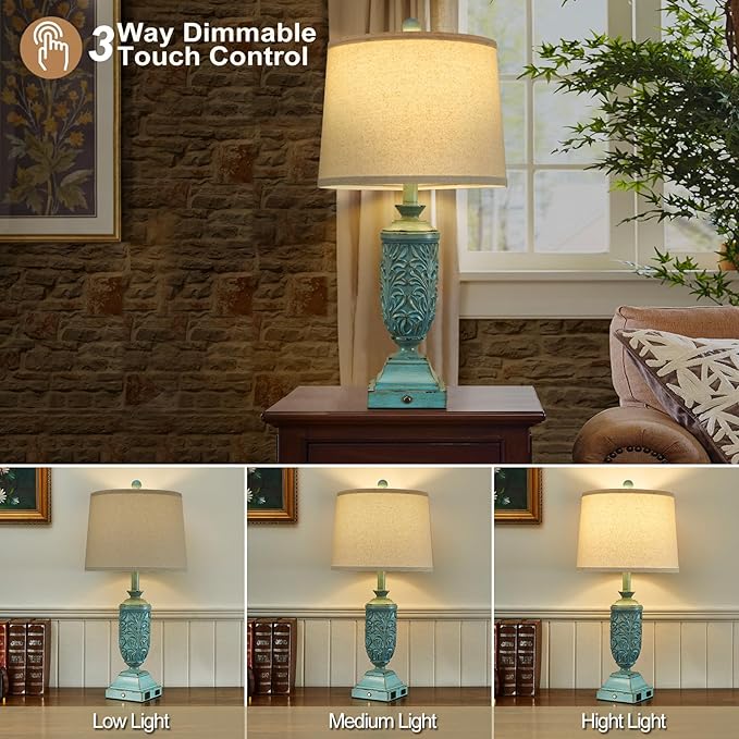 26.5" Farmhouse Table Lamp Set of 2, 3-Way Dimmable Touch Control Bedside Lamps - Image 2