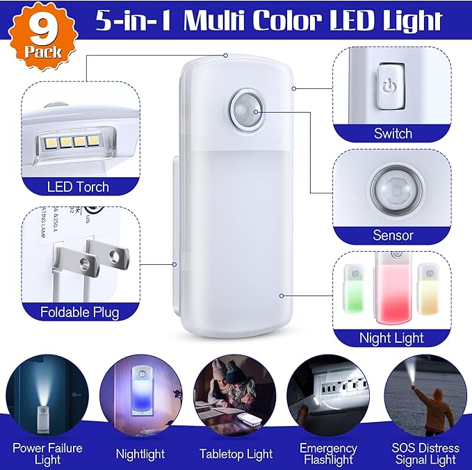 Enhon Emergency Power Failure Night Lights, 5-in-1 Multi Color LED Light - Image 2