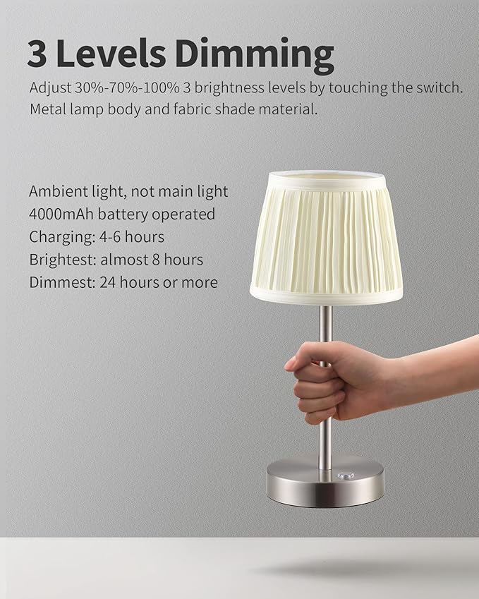 PUSU 2 Pack Cordless LED Nickel Table Lamps, Rechargeable 4000mAh 3 Way - Image 4