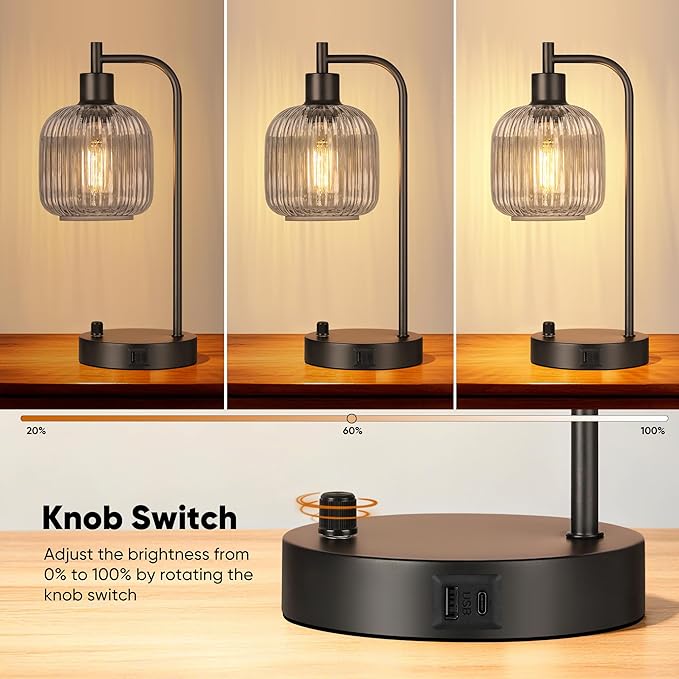 QiMH Industrial Table Lamp for Bedroom Set of 2, Stepless Dimmable Black Lamps - Image 2