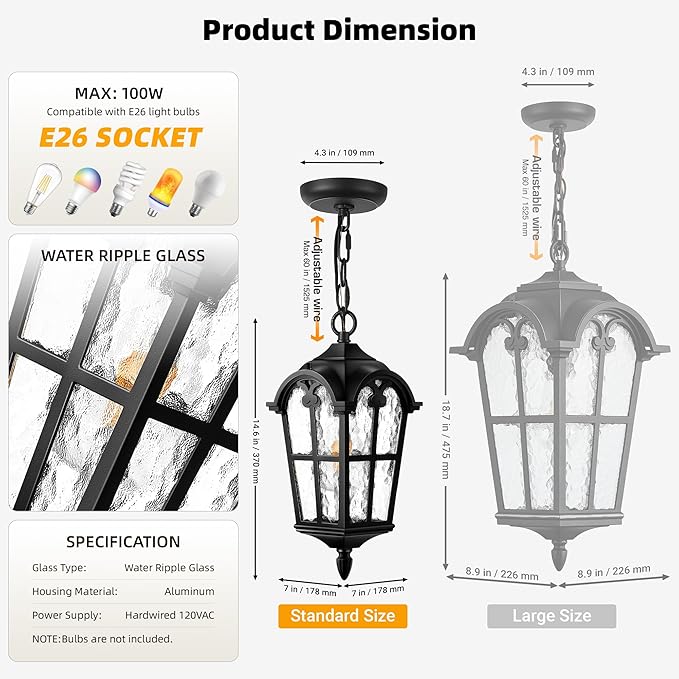 VIANIS Outdoor Pendant Light Fixture, Matte Black Vintage Outside Hanging Lights - Image 5