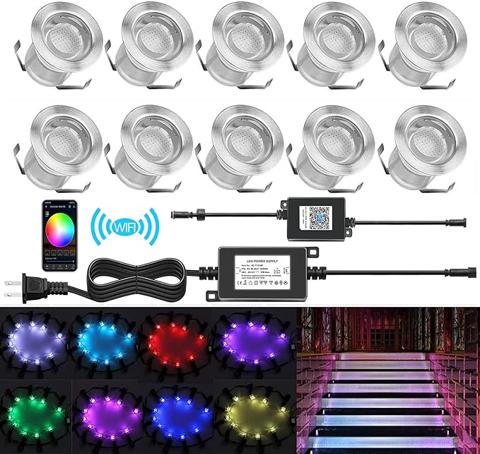 WiFi Controlled LED Deck Lights Multi Color Outdoor IP67 Waterproof Φ1.18 Low by QACALEDOutdoorRecessedDeckLightingKits