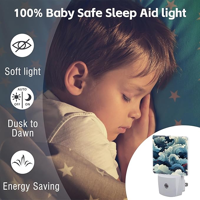 Blue White Ocean Waves Night Light Plug into Wall, Cartoon Sea Waves Dusk to - Image 5