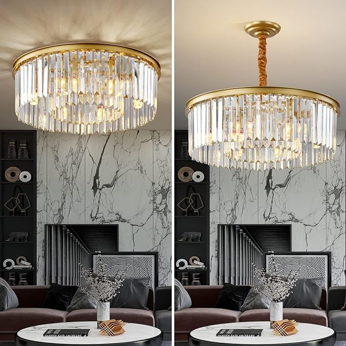 Gold Modern Crystal Chandelier, 2-Tier Round Flush Mount Ceiling Light Fixtures - Image 2