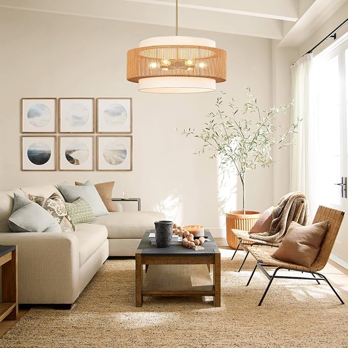 25.6" Rattan Chandelier, 6-Light Large Rattan Pendant Light - Image 6
