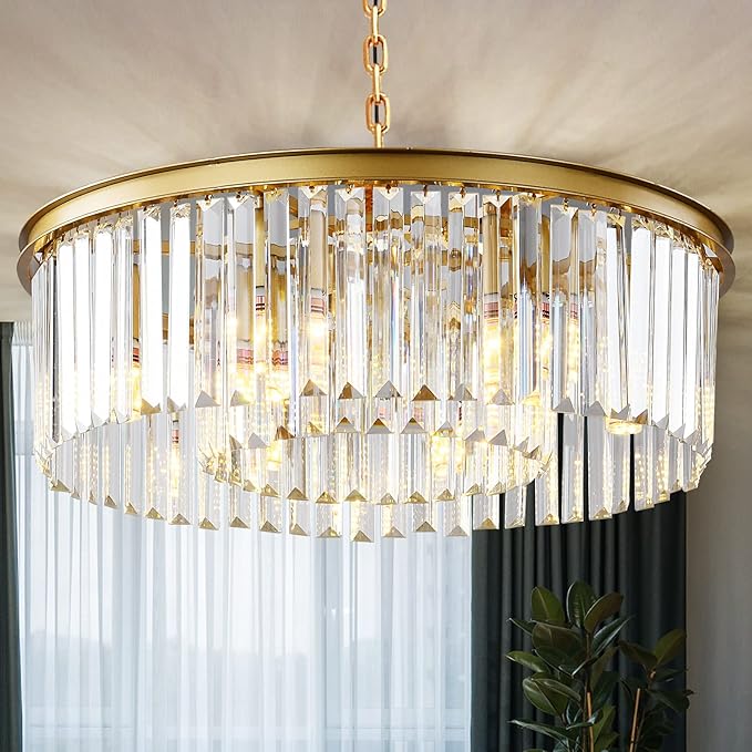Gold Modern Crystal Chandelier, 2-Tier Round Flush Mount Ceiling Light Fixtures by Laiuetai