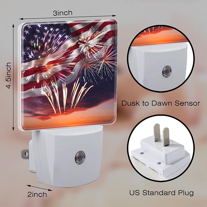 America Flag with Fireworks Night Light Plug into Wall, Retro The USA Flag - Image 2