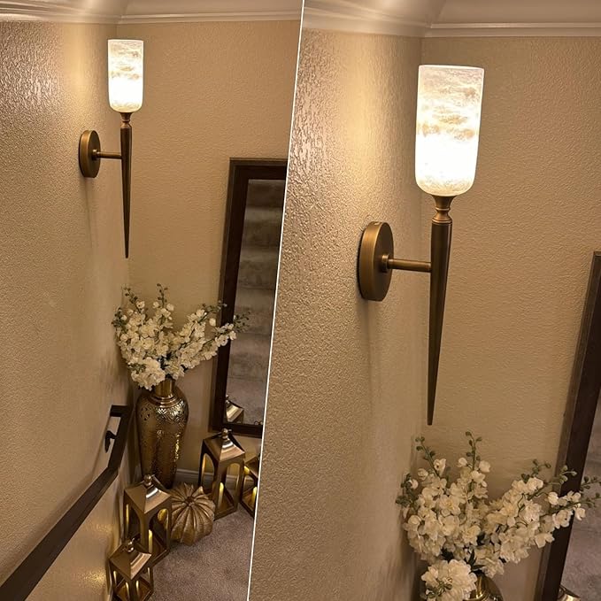 Alabaster Wall Sconce 22in Antique Brass Sconces Wall Lighting, Imported in - Image 5