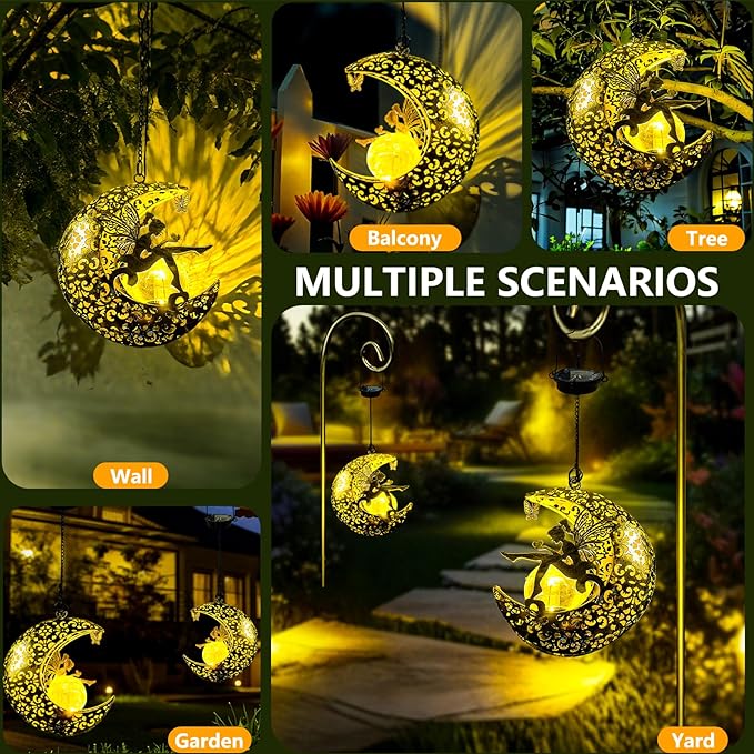 Solar Garden Fairy Statues Decor Hanging Lights, Outdoor Moon Decorations Metal - Image 5