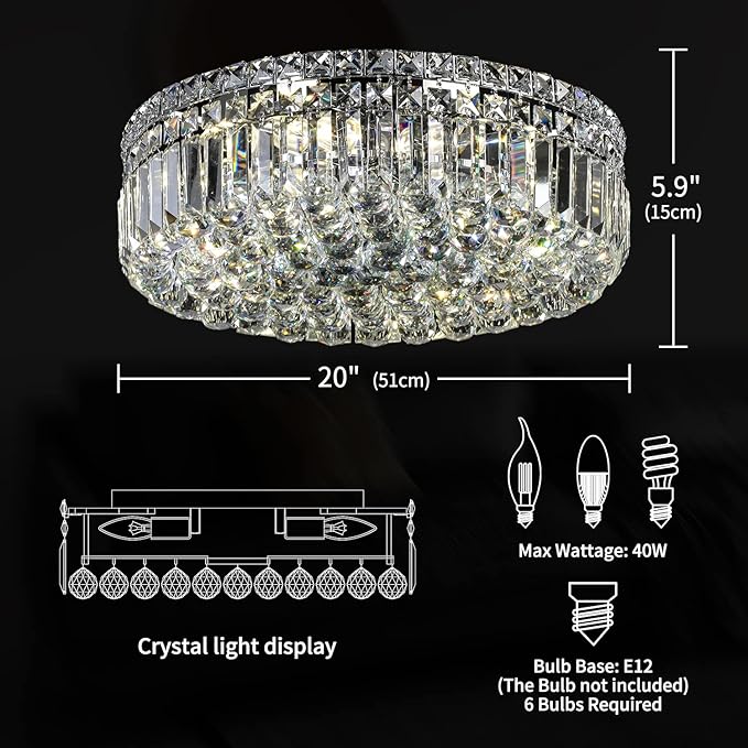6-Lights Crystal Flush Mount Chandelier Light Fixture - Image 3
