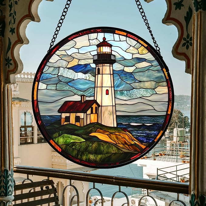 Stained Glass Window Hanging, Ocean Lighthouse Sun Catchers Glass Panel Blue - Image 2