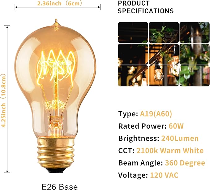 Warm Incandescent Light Bulbs 60 Watt, A19/A60 Vintage Style Edison Bulbs E26 - Image 2