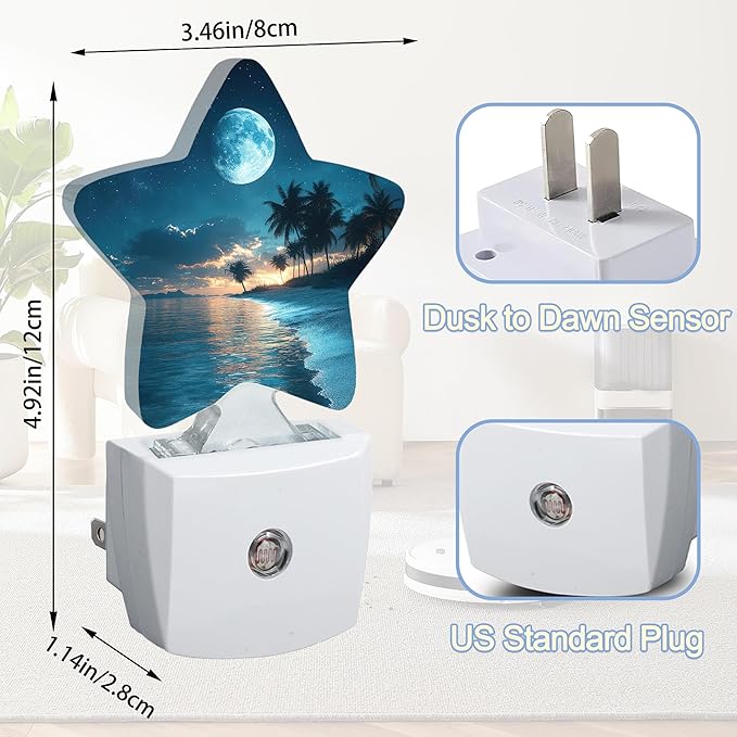 Moon Beach Night Light, Tropical Palm Tree Plug-in Star Night Lights - Image 2