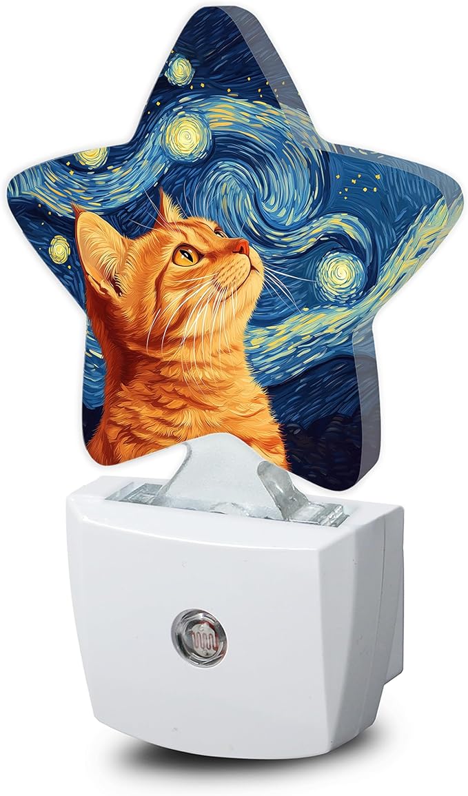 Starry Night Cat Night Lights Plug Into Wall, Abstract Oil Painting Star Night by SNOWMOLLE