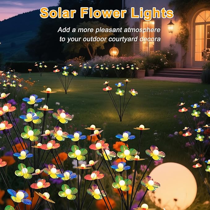 Solar Flower Lights Outdoor Waterproof 2 Pack of 32 LEDs Garden Solar Firefly - Image 3