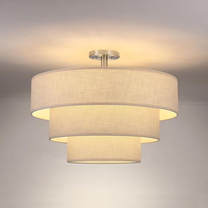 Doraimi Lighting 3 Tier Linen Drum Fabric Semi Flush Mount Light Modern by DoraimiLighting
