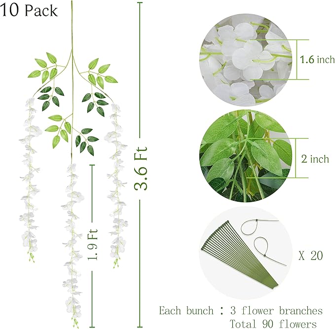 BLEUM CADE 10Pcs White Fake Wisteria Hanging Flowers, 3.6Ft/Pcs Artificial - Image 2