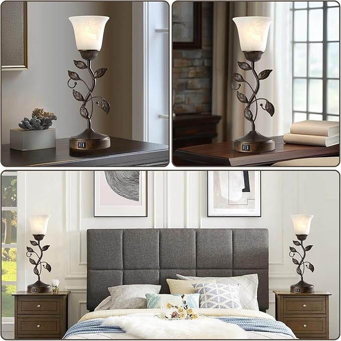 RORIANO Set of 2 Touch Farmhouse Bedroom Table Lamps, Nightstand Vintage Flower - Image 4