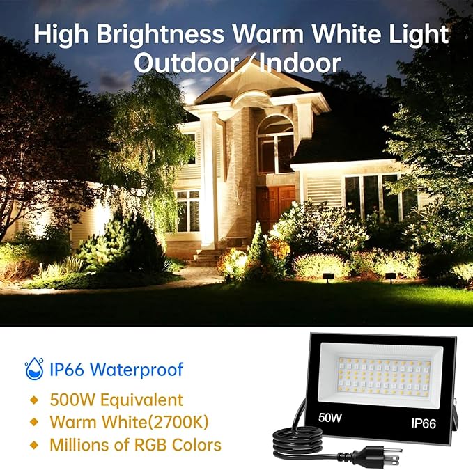 LED Flood Light Outdoor, 50W RGB Color Changing Smart Floodlights 2700K 5000LM - Image 2