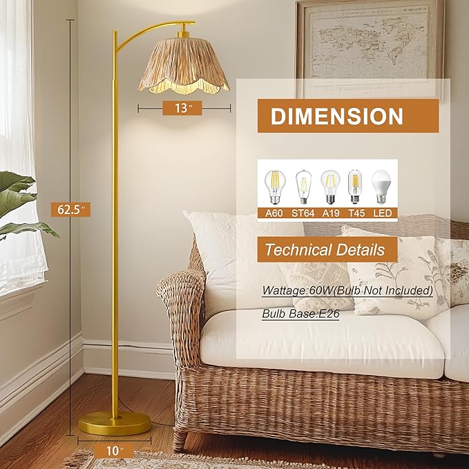 Oneach Arc Floor Lamp for Living Room, Rattan Boho Floor Lamp - Image 4