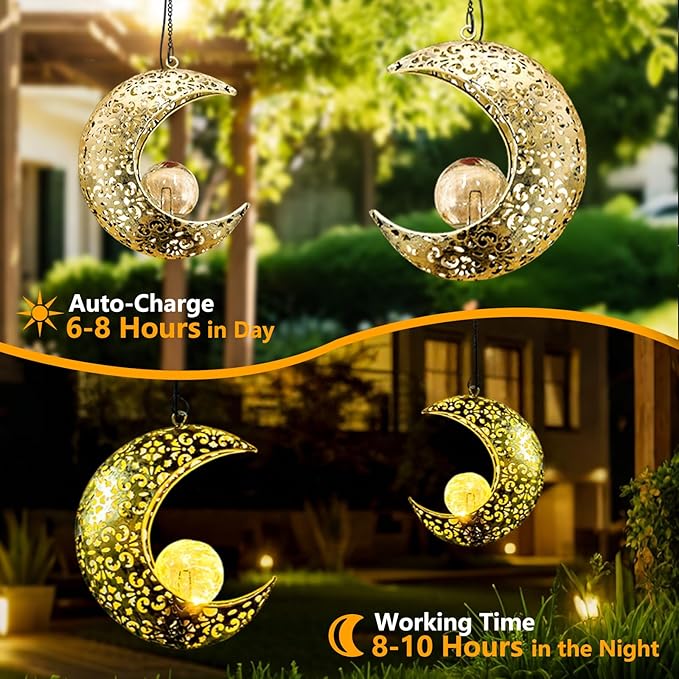 Solar Garden Hanging Moon Lights Outdoor Decor, 2 Pack Metal Lanterns Art - Image 3