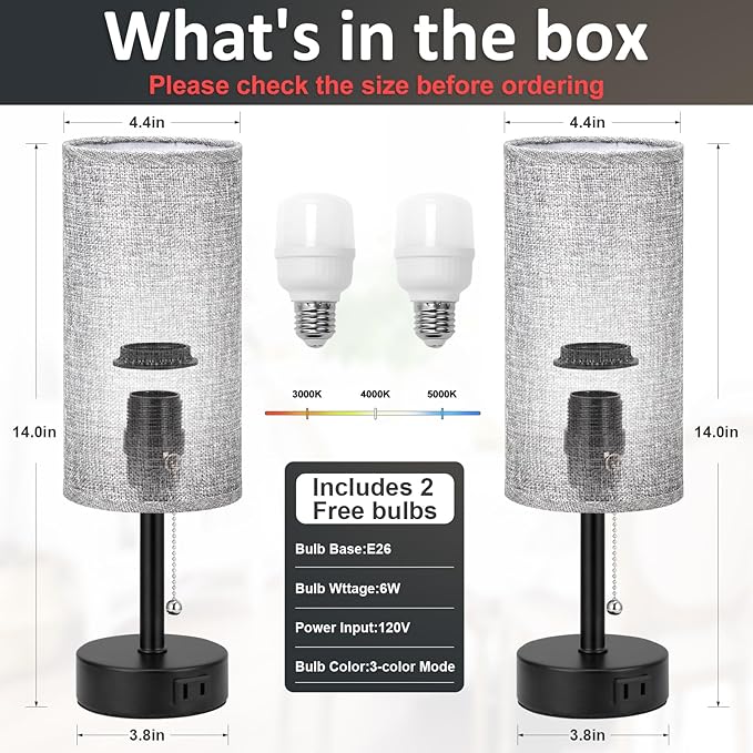 Fenmzee Grey Bedside Table Lamps Set of 2-3 Color Temperatures Pull Chain Lamp - Image 4