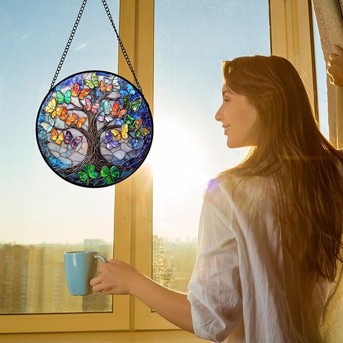 Stained Glass Window Hanging, Butterfly Tree Clover Sun Catchers Glass Panel - Image 2