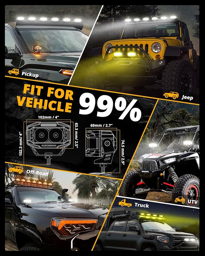 Auxbeam V-MAX Series 4 Inch LED Pod Driving Lights, 72W Rectangle Side Shooter - Image 2