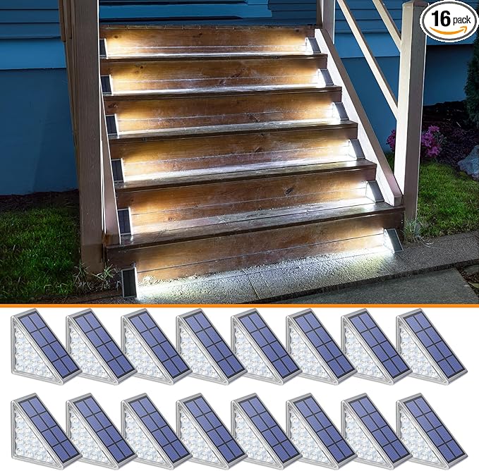 NIORSUN Solar Step Lights for Outside, 16 Pack Cool White Stair Lights Outdoor by NIORSUN