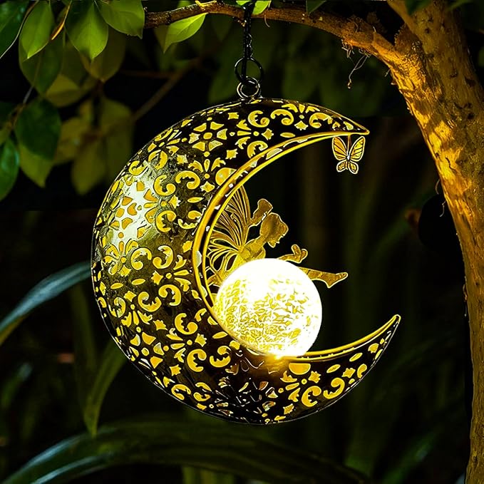 Solar Garden Fairy Statues Decor Hanging Lights, Outdoor Moon Decorations Metal by QCF