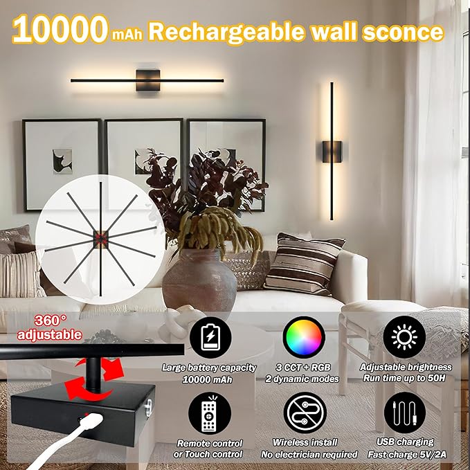 Battery Operated Wall Sconce Set Of 2, Wireless Wall light - Image 2