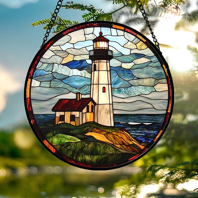 Stained Glass Window Hanging, Ocean Lighthouse Sun Catchers Glass Panel Blue - Image 3