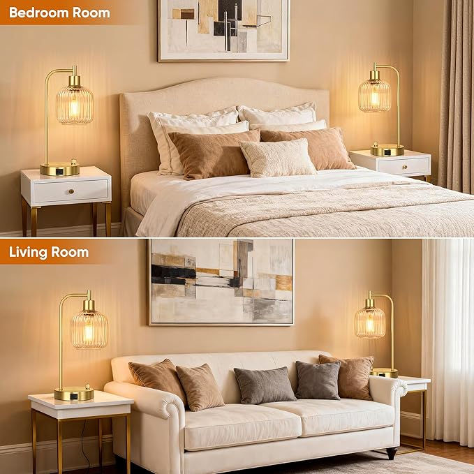 QiMH Industrial Table Lamp for Bedroom Set of 2, Stepless Dimmable Gold Lamps - Image 7