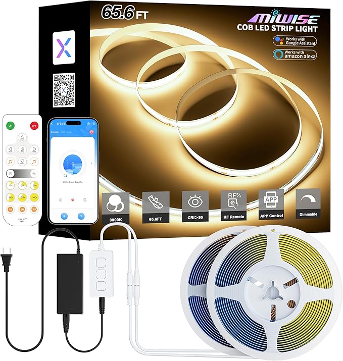 MIWISE COB LED Strip Lights 65.6ft/20m, UL-Listed CRI 90+ Dimmable 3000K Warm by MIWISE