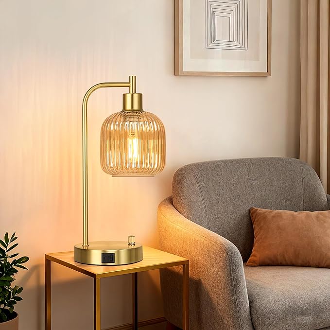 QiMH Industrial Table Lamp for Bedroom Set of 2, Champagne Glass Beside Lamp - Image 6