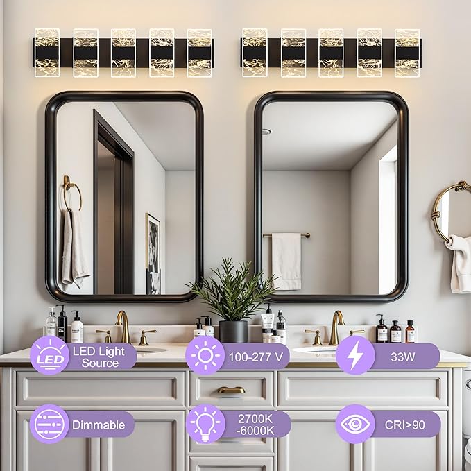 Modern LED Bathroom Light Fixtures Dimmable 5-Light Black Vanity Light - Image 2