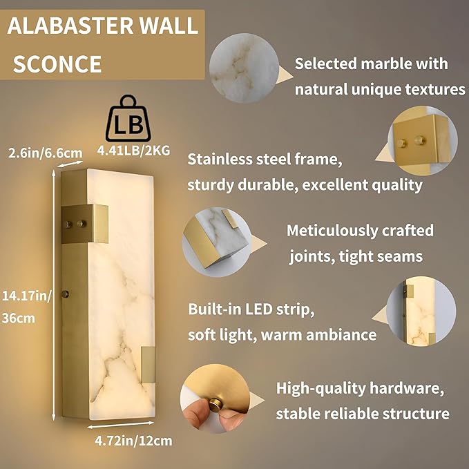Modern Brass and Alabaster Wall Sconce 14.17in - Image 2