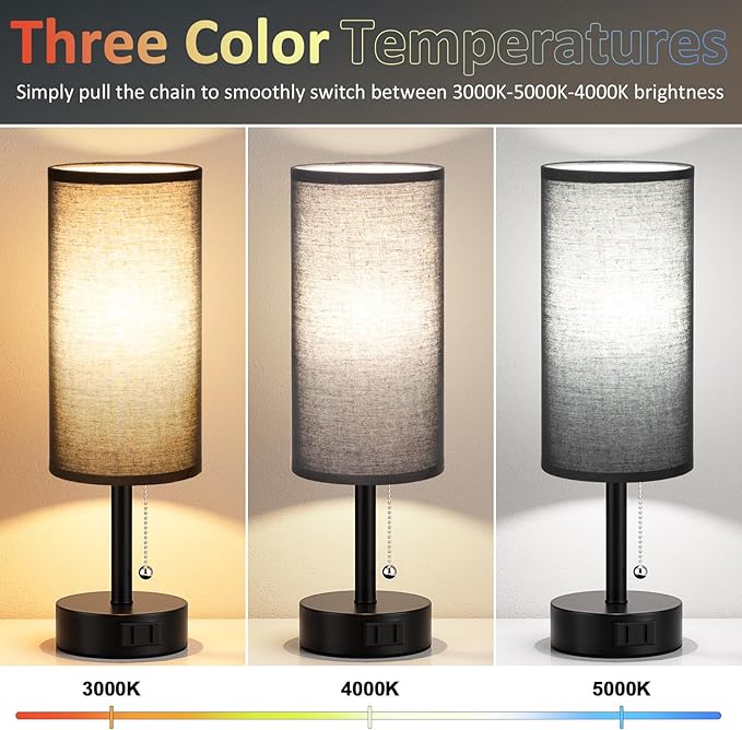 Fenmzee Black Bedside Table Lamps Set of 2-3 Color Temperatures Pull Chain Lamp - Image 2