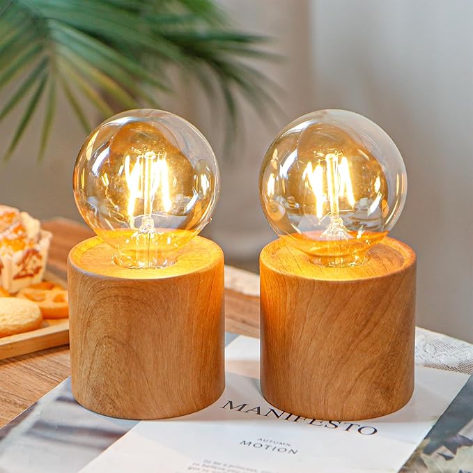 JHY DESIGN Set of 2 Wood Grain Table Lamp 6.5" Tall Cordless Lamp Light - Image 3