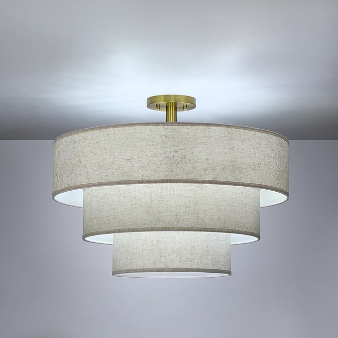 Doraimi Lighting 3 Tier Cream Linen Drum Fabric Semi Flush Mount Light Modern - Image 3