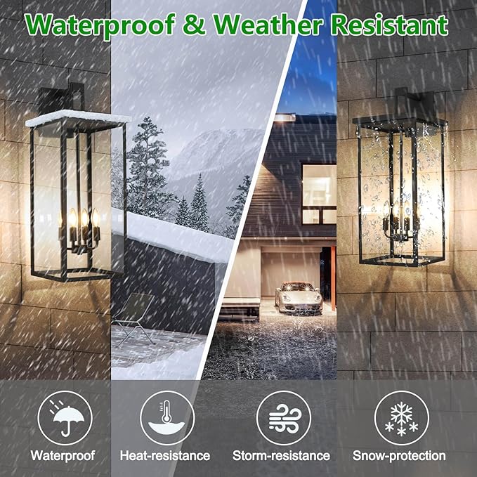 tewei 30In Large Size Square Outdoor Wall Lantern, Modern Black Outside Light - Image 5