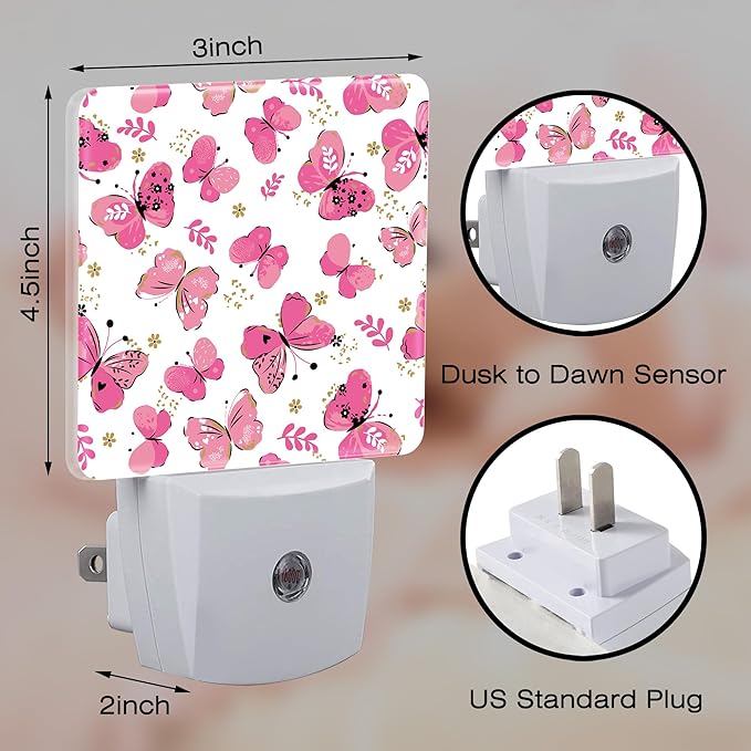 Cute Girl Butterfly Night Light, Watercolor Pink Butterflies Floral Dusk to - Image 2