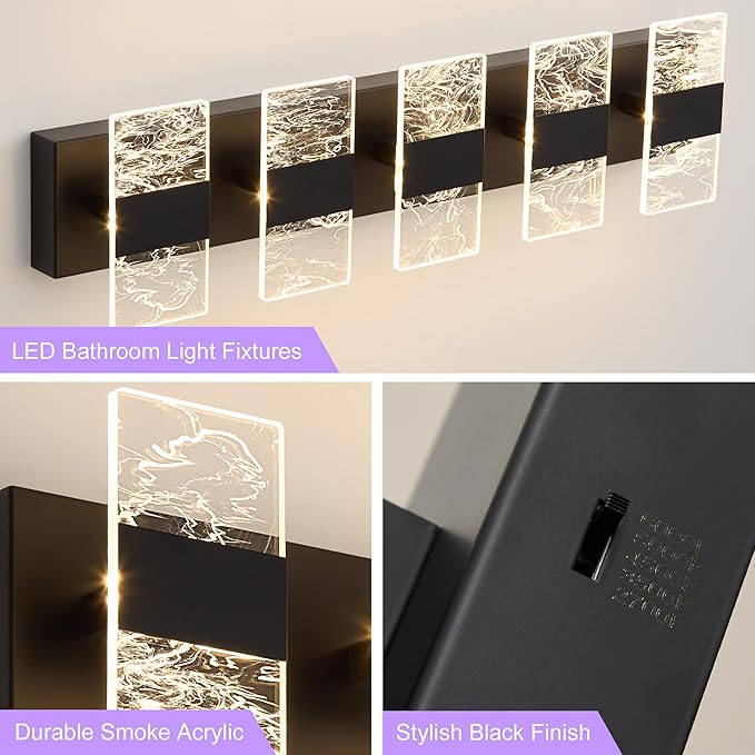 Modern LED Bathroom Light Fixtures Dimmable 5-Light Black Vanity Light - Image 6