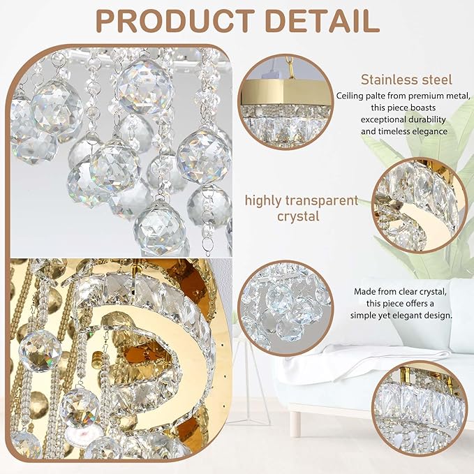 W32in Crystal Ceiling Chandelier Modern Gold Chandeliers Raindrop Crystal - Image 2