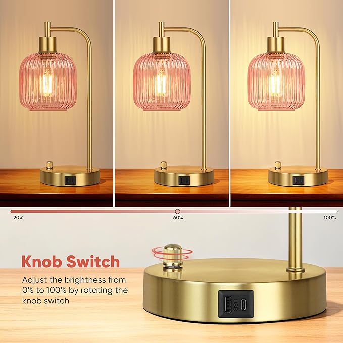 QiMH Industrial Table Lamp for Bedroom Set of 2, Stepless Dimmable Gold Lamps - Image 2