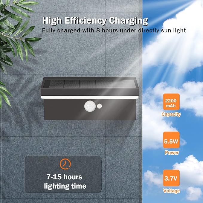 Solar Outdoor Wall Lights 2 Pack, Motion Sensor Waterproof Dusk to Dawn Solar - Image 6