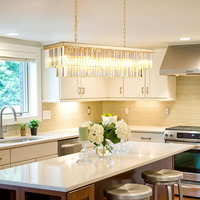 Gold Rectangular Chandelier 40 Inch-10-Light Luxury Crystal Pendant Lighting - Image 3