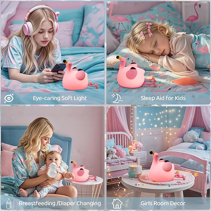 Flamingo Night Light for Kids, Silicone LED Squishy Animal Lamp, Dimmable/Timer - Image 6